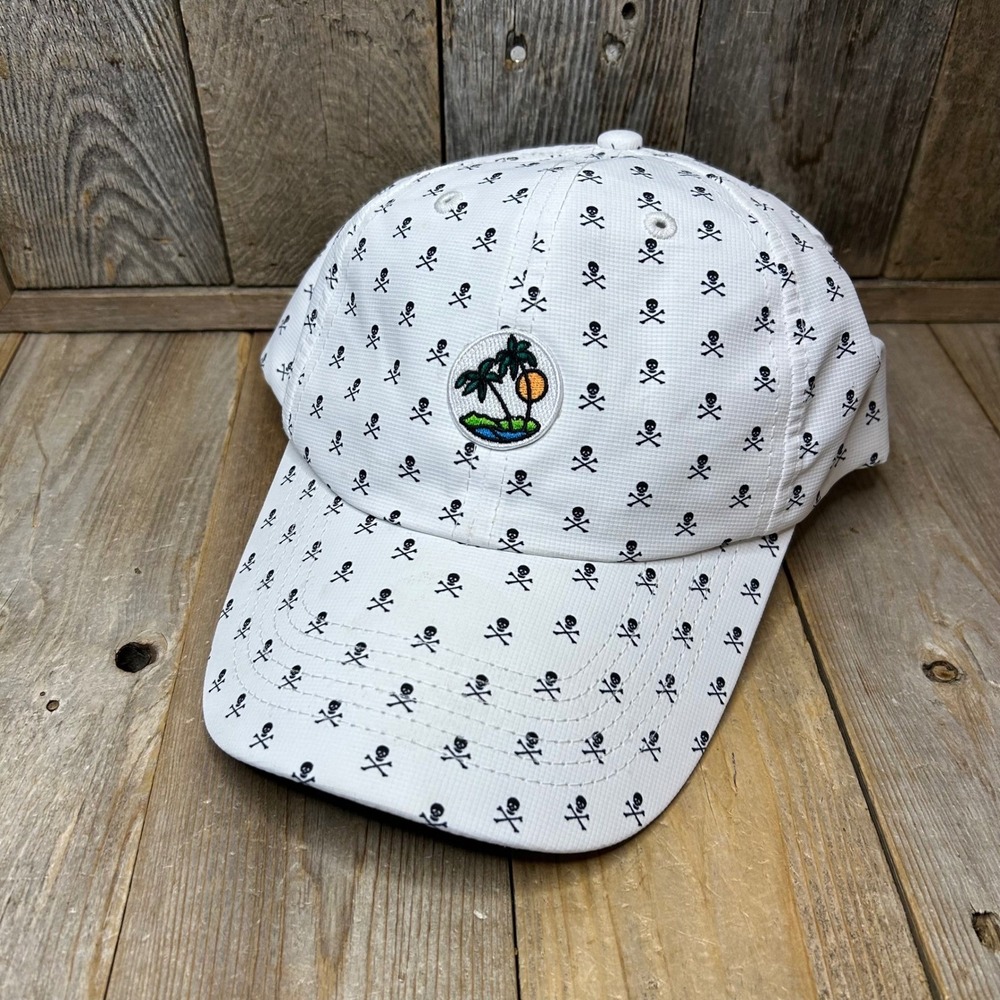 Imperial White Skull Crossbones Performance Golf Hat Palm Tree Patch X210R OSFA
